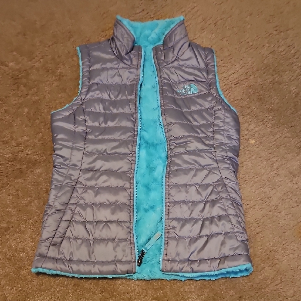 North Face Silver and Aqua Puffer Vest